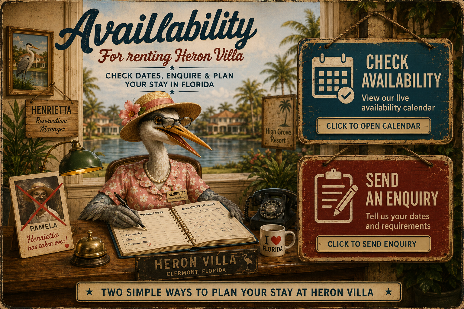 Heron Villa availability desk with Check Availability and Send an Enquiry signs